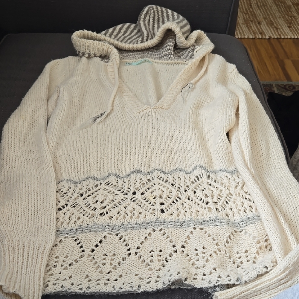 Maurices Cream and Gray Sweater with Lace Detail